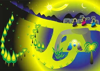 Biblical Christmas scene with Baby Jesus, Mary and Joseph in cave, journey of three wise men from east follow Star of Bethlehem at night - abstract graphics, illustration.