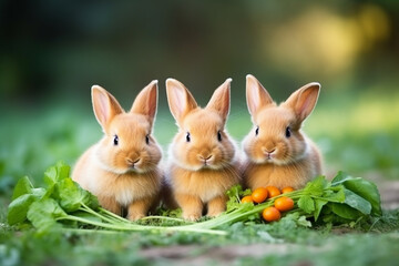 Fototapeta premium Close-Up Group of Healthy Lovely Baby Bunny Easter Rabbits Eating Food, Carrot, Grass on Green Garden Nature Background Created with Generative AI Tools
