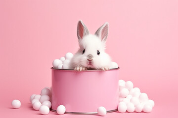 Creative Minimal Concept: Easter Day, Little White Baby Rabbit Bunny Sitting in Tin Pink Created with Generative AI Tools - obrazy, fototapety, plakaty