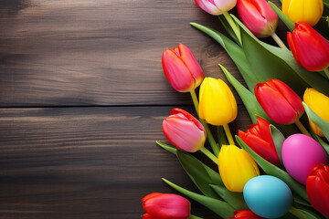 Easter Eggs and Tulips on Wooden Planks Created with Generative AI Tools