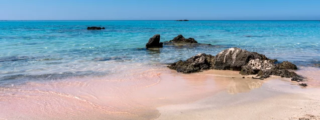 Photo sur Plexiglas  Plage d'Elafonissi, Crète, Grèce Beautiful view of Elafonisi Beach, Chania. The amazing pink beach of Crete. Elafonisi island is like paradise on earth with wonderful beach with pink coral and turquoise waters. Banner.