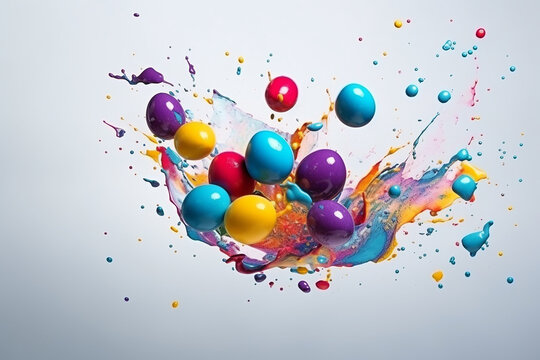 Creative Minimal Concept, Easter Day, Colored Eggs Egg Shell Splashed with Paint Flying in the Air Created with Generative AI Tools
