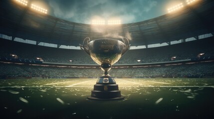 football trophy or cup against the backdrop of the stadium and football field, simulating the real conditions of a football stadium. - Powered by Adobe