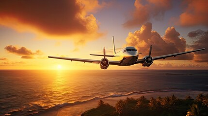 airplane at golden hour, just before sunset or after sunrise, sunlight enhances the color of the airplane and the tropical sea.