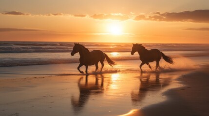 Fototapeta na wymiar Horses galloping on sea or ocean beach at sunset, a majestic scene of freedom, strength, and the beauty of nature in motion. The image captures the essence of wild grace and the untamed spirit.