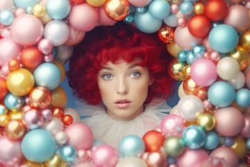 Obraz na płótnie Canvas Red-haired woman with blue eyes surrounded by a vibrant collection of glossy colorful balls