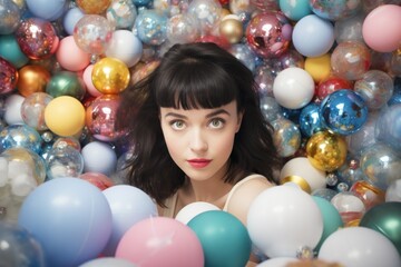 Fototapeta na wymiar A pensive young woman surrounded by a multitude of colorful balloons, deep in thought