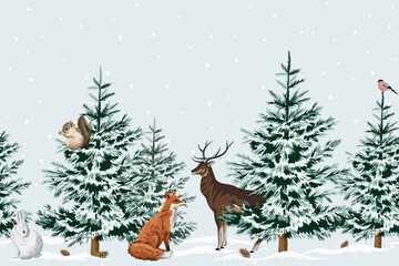 Christmas trees, red fox, white rabbit, squirrel, bullfinch, deer animal floral seamless border blue background. Winter forest mural. © good_mood