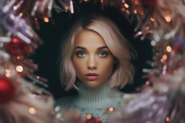 A pensive woman with a bob haircut framed by dark and colorful festive decorations