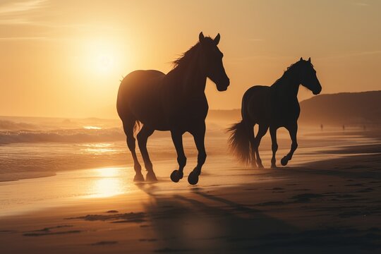 Horses galloping on sea or ocean beach at sunset, a majestic scene of freedom, strength, and the beauty of nature in motion. The image captures the essence of wild grace and the untamed spirit.