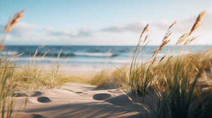 A beach with sand and blades of grass - obrazy, fototapety, plakaty
