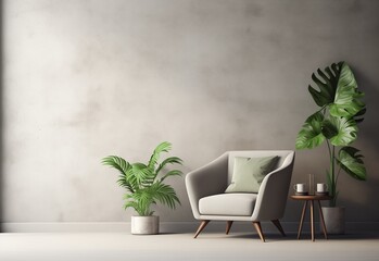 Interior design of living room with plain conrete wall and plants near sofa.