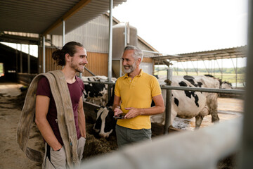 Smiling mature farmer with smartphone and adult son at cow house on a farm