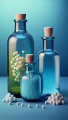 Obraz na płótnie Canvas Homeopathy alternative medicine eco concept - classical homeopathy pills. Homeopathic globules and herbs with medical bottles on blue background.