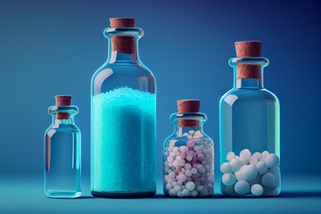 Homeopathy alternative medicine eco concept - classical homeopathy pills. Homeopathic globules and herbs with medical bottles on blue background.