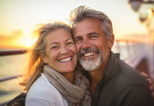 Pareja mayor de 60 a&ntilde;os abrazados y felices en un barco realizando un crucero al atardecer por el mediterraneo
