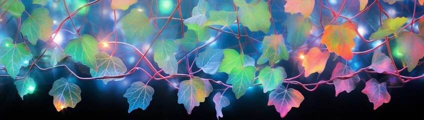 Holographic ivy leaves clinging to an ethereal trellis.