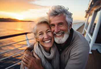Pareja mayor de 60 años abrazados y felices en un barco realizando un crucero al atardecer por el mediterraneo - obrazy, fototapety, plakaty