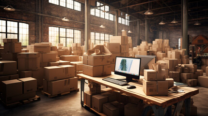 A warehouse full of boxes of merchandise ready for delivery. The image perfectly represents the size of the warehouse space and the number of boxes waiting to be shipped out. Seeing a warehouse full.