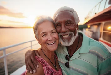 Fotobehang Pareja mayor de 60 años abrazados y felices en un barco realizando un crucero al atardecer por el mediterraneo © Helena GARCIA