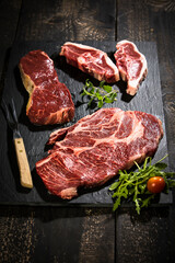 Raw meat, roast beef , american chuck eye steak and lamb chop