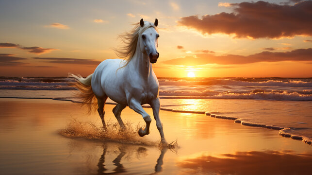 A white horse was running fast on the wide beach. Images of horses running on the beach create feelings of freedom and fulfillment. Seeing a white horse running in the beautiful sea gives a feeling.