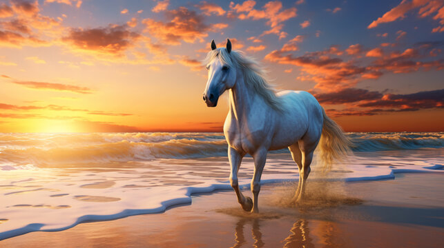 A white horse was running fast on the wide beach. Images of horses running on the beach create feelings of freedom and fulfillment. Seeing a white horse running in the beautiful sea gives a feeling.