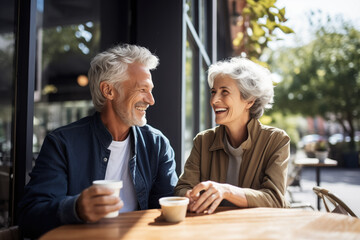 Smiling mature couple having coffee in the open air cafe, in a sunny summer day.
