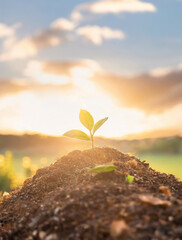 Tiny plant growing out compost soil on the top of a heap sunlit by soft morning light