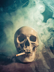 Smoking kills concept shows a skull with a burning cigarette in mouth as emits dense, toxic smoke. Addiction danger to poisonous tobacco