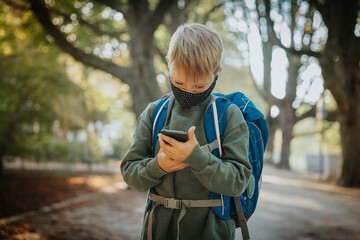 Boy text messaging on smart phone wearing protective face mask while standing in public park