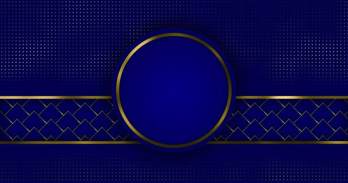 seamless animation luxury background consists of a circle with golden outline in the center, over golden outline square pattern grid moving right to left over golden dotted navy blue background.