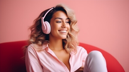 Fototapeta premium Adolecente latina escuchando musica, fiesta en color rosa