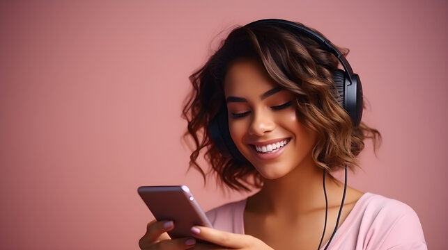Alegr&iacute;a en Rosa: Juventud Conectada adolecente latina con telefono escuchando muisca