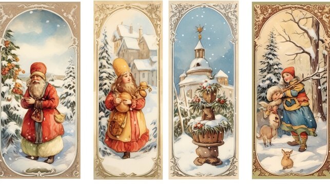 Traditional ukrainian retro christmas images, High detail, vintage watercolor postcard style of 1890 years