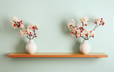 white ceramic vases with flowering branches on a simple open shelf against an empty light wall