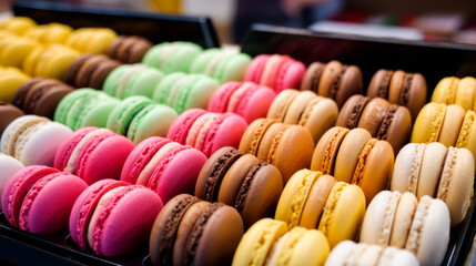 colorful french macarons background, close-up macaroons.