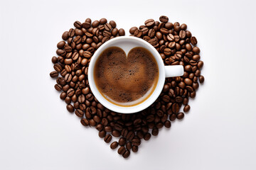 Concept of a top view of a cup of coffee standing on coffee beans forming a heart shape.