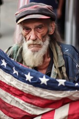 A homeless, impoverished man wrapped in the American flag like in blanket, sits on the street - a poignant depiction of societal challenges, poverty, and the struggle for basic necessities.
