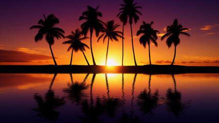 Obraz premium Silhouette of palm trees. Beautiful sunset against the backdrop of a tropical sea beach for travel while on vacation