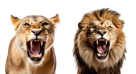 Aggressive Lioness and Angry Lion - A Set of Savannah Predators, Isolated on Transparent...