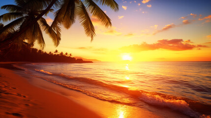 Beautiful sunset over the sea overlooking palm trees on the white beach of the Caribbean island .