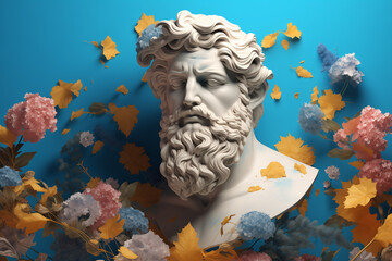 A statue surrounded by flowers on a blue background. - obrazy, fototapety, plakaty