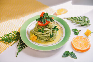 Breakfast with pasta for restaurant background