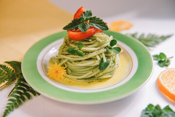 Breakfast with pasta for restaurant background