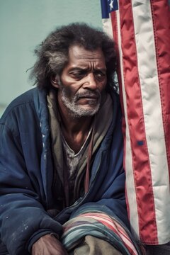 A homeless, impoverished man wrapped in the American flag like in blanket, sits on the street - a poignant depiction of societal challenges, poverty, and the struggle for basic necessities.