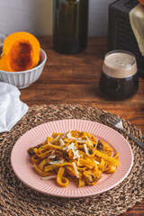 Fettuccine Pasta with Pumpkin Sauce and Mushrooms
