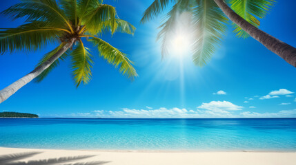 Fototapeta premium A view of a blue sky and sea with out-of-focus light and coconut palm tree leaves. Copy space, summer vacation concept.