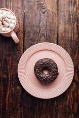 Chocolate Donut and Mug of Hot Chocolate with Marshmallow