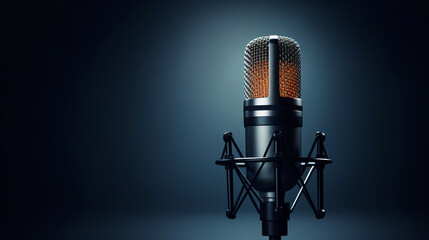 Professional studio microphone, isolated on the black background ready for podcasts recording.